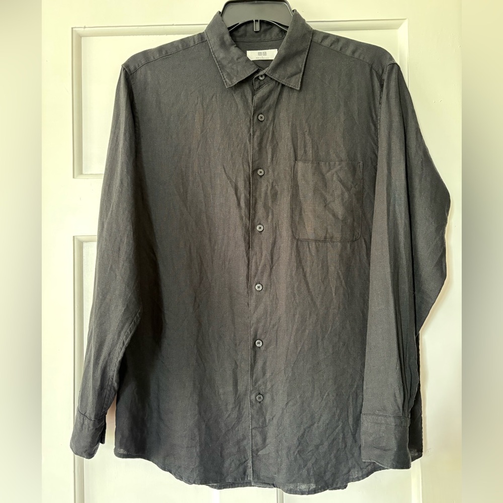Uniqlo Men 100% Linen Black Relaxed Long Sleeve Button Down Lightweight Shirt L